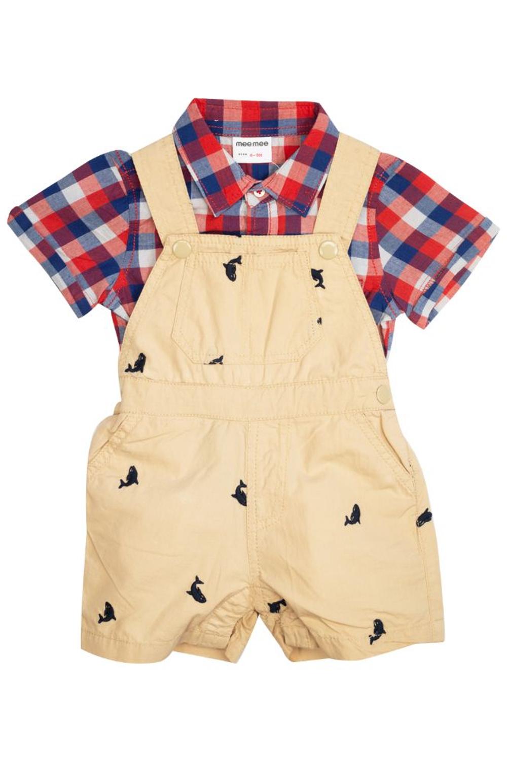 Mee Mee Baby Striped Shirt &Amp Printed Dungaree Set Blue And Green